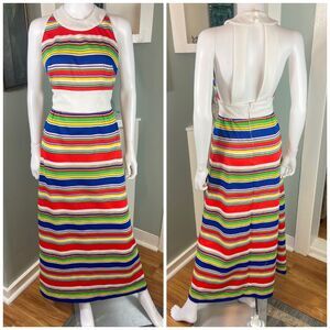 Vintage 70s Rainbow Striped Polyester Maxi Sun Cage Dress Momentum XS/S Hostess